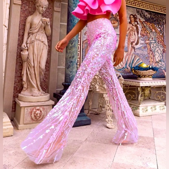 Eliya The Label Pants - Eliya The Label Alyce Pink Sequin Flare Pants US 4 High Waist SOLD OUT